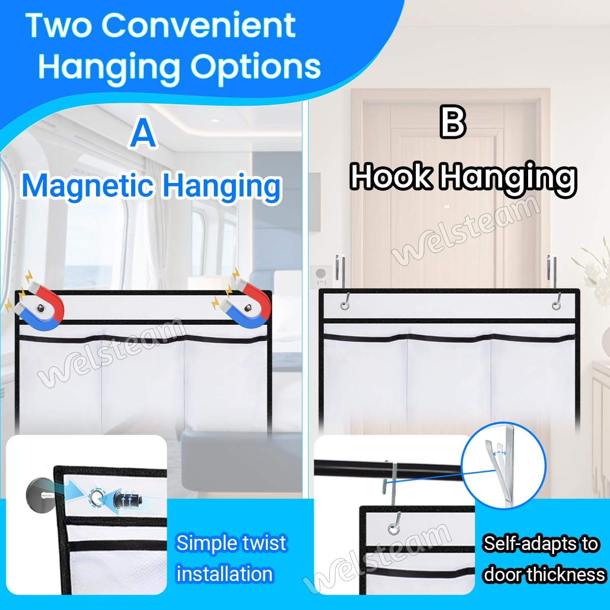 Cruise Ship Magnetic Door Organizer, Over The Door Organizer For Cruise Ships, Magnetic Shoe Rack with 2 Strong Anti-Scratch Magnets & Durable Pockets To Store Cruise Essentials (White)