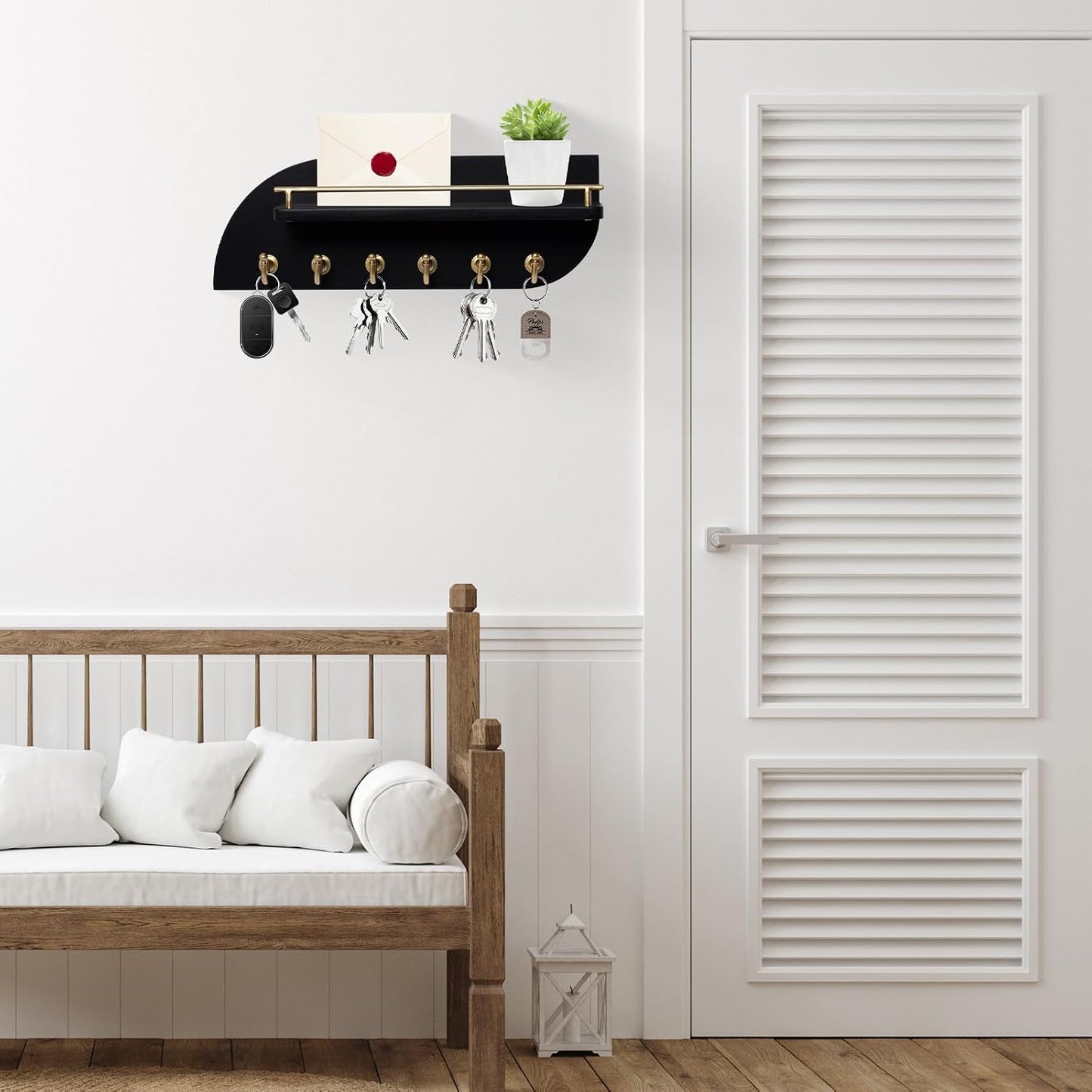 Key Holder for Wall, Decorative Key and Mail Organizer with 6 Sturdy Metal Hooks and Floating Shelf, 14 Inches Wood Wall Mounted Key Rack for Entryway, White and Gold