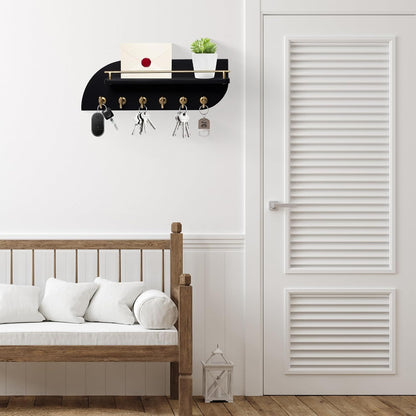 Key Holder for Wall, Decorative Key and Mail Organizer with 6 Sturdy Metal Hooks and Floating Shelf, 14 Inches Wood Wall Mounted Key Rack for Entryway, White and Gold