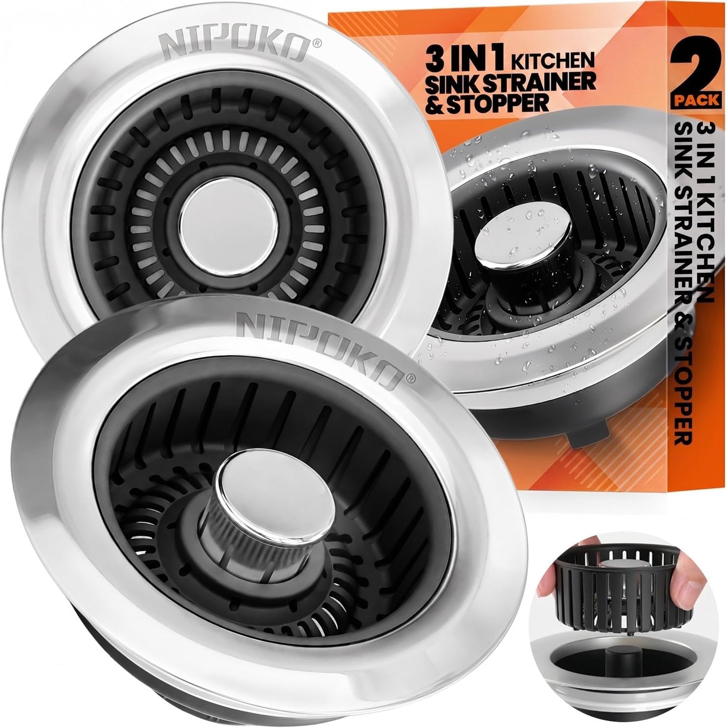 2 Pack Sink Drain Strainer - Sink Stopper, 3 in 1 Stainless Steel Kitchen Drain Plug with Deep Anti-Clog Basket and Odor-Blocking Seal, Pop-Up Design Fits Standard 3-1/2 Inch Sink