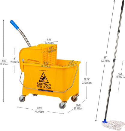 Mind Reader Mop Bucket with Wringer (Mop Not Included), 5.5 Gallon Cleaning Bucket with Wheels and Handle, Upward Press Wringer, Small Mop Compatible, Yellow