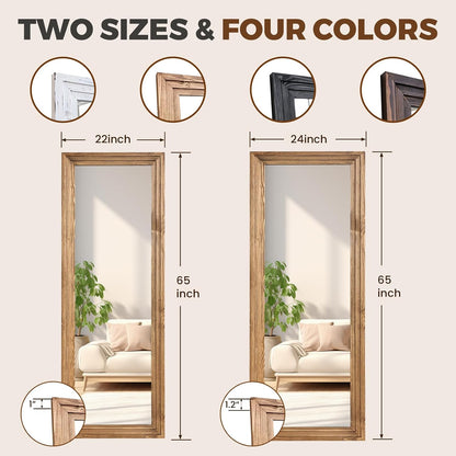 65"x22" Full Length Mirror Solid Wood Frame Floor Mirror with Stand for Living Room, Bedroom Hanging Standing or Leaning, Brown