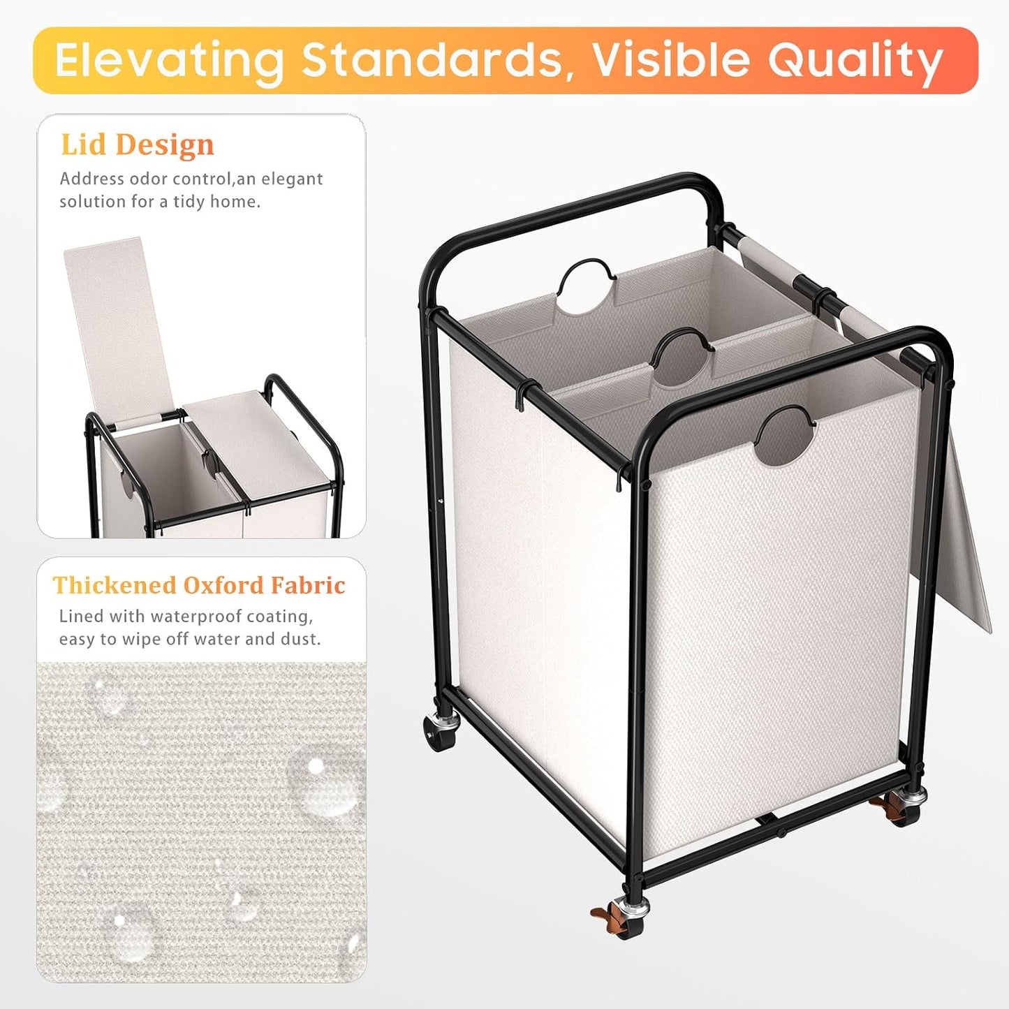 180L (47.55 Gal) Laundry Sorter 3 Section, Rolling Laundry Basket with Lockable Wheels and Lid, Laundry Hamper with 3 Separated Removable Bags Dirty Clothes Hamper for Laundry Room Organizer, Black