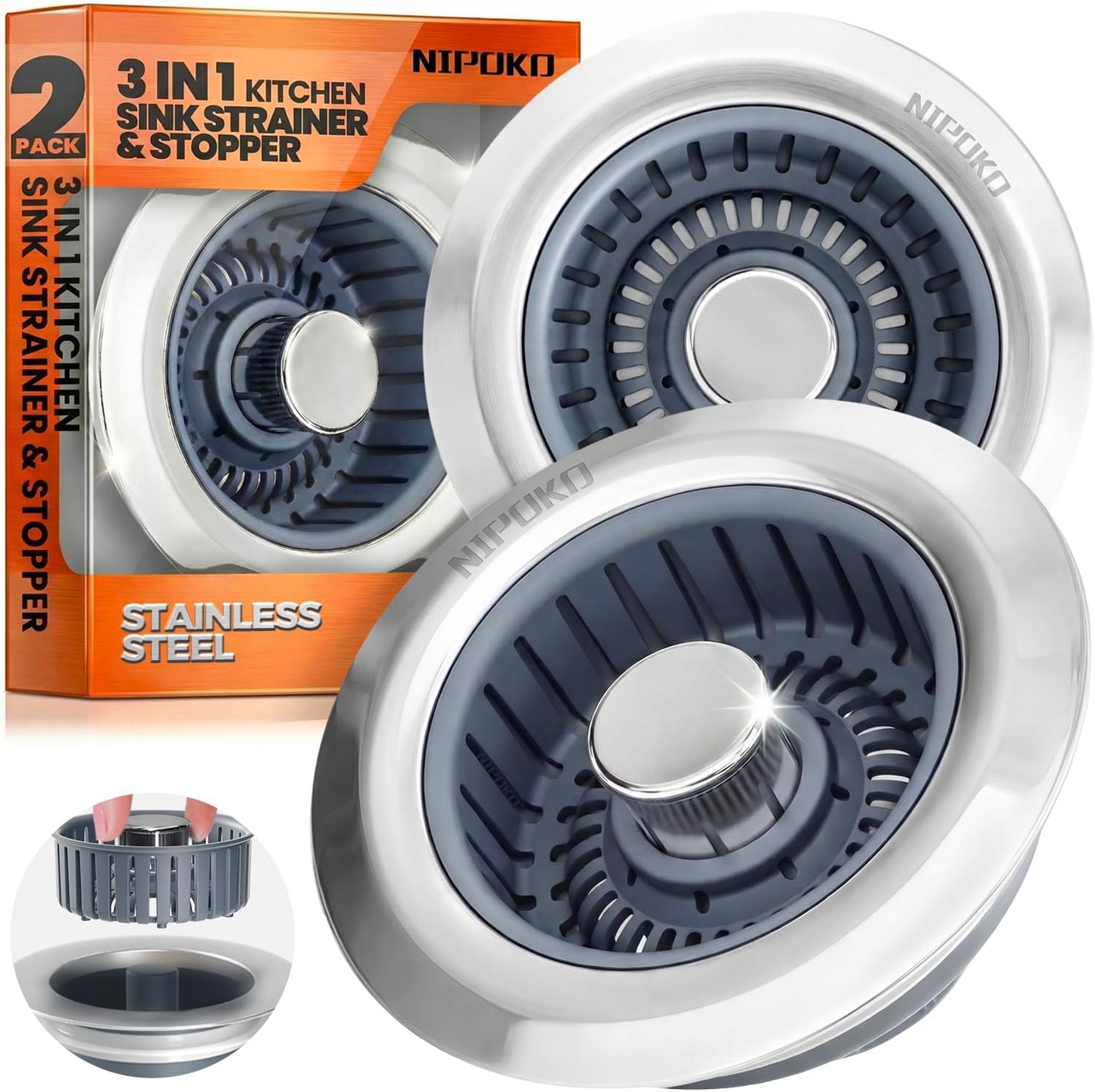 2 Pack Sink Drain Strainer - Sink Stopper, 3 in 1 Stainless Steel Kitchen Drain Plug with Deep Anti-Clog Basket and Odor-Blocking Seal, Pop-Up Design Fits Standard 3-1/2 Inch Sink