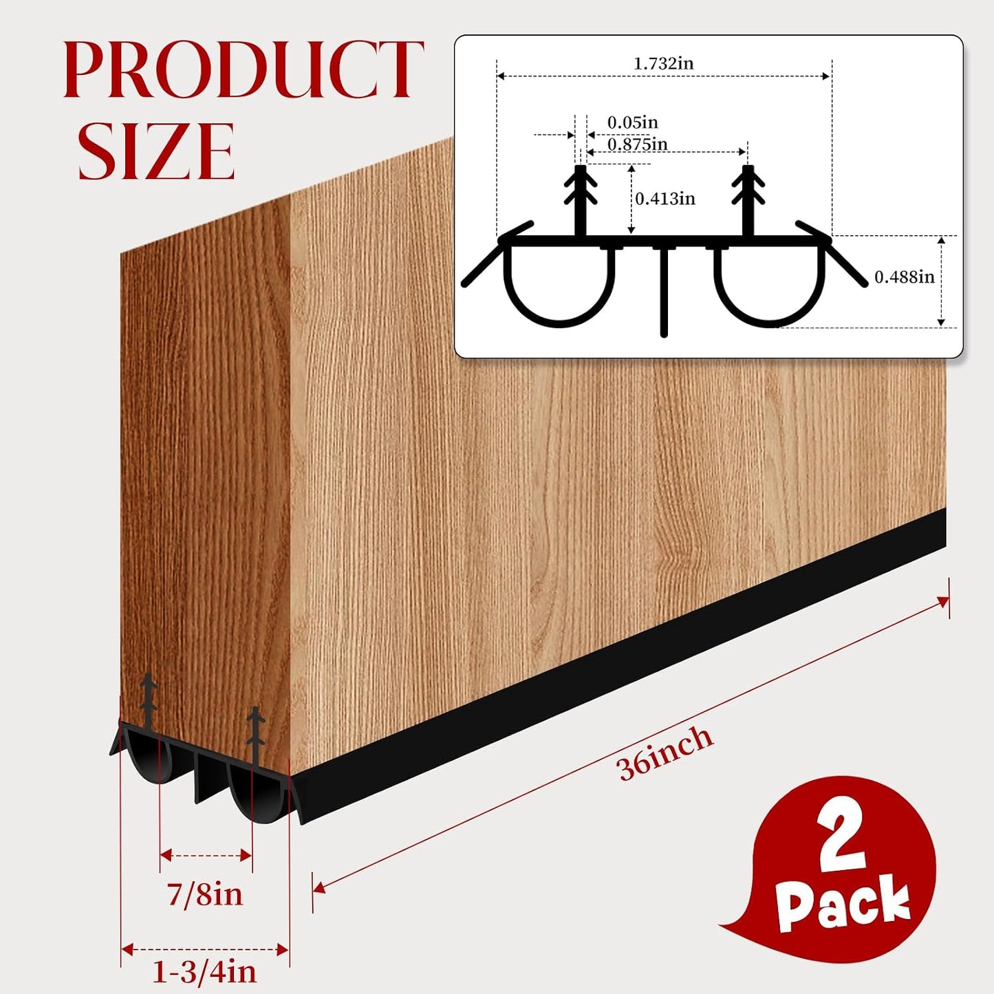 2 Pcs 36" Double Bubble Kerf Door Sweep, 1-3/4" Wide Weatherstrip Seal for Exterior Doors, Draft Stopper for Energy Saving, Windproof & Dustproof Door Bottom Seal