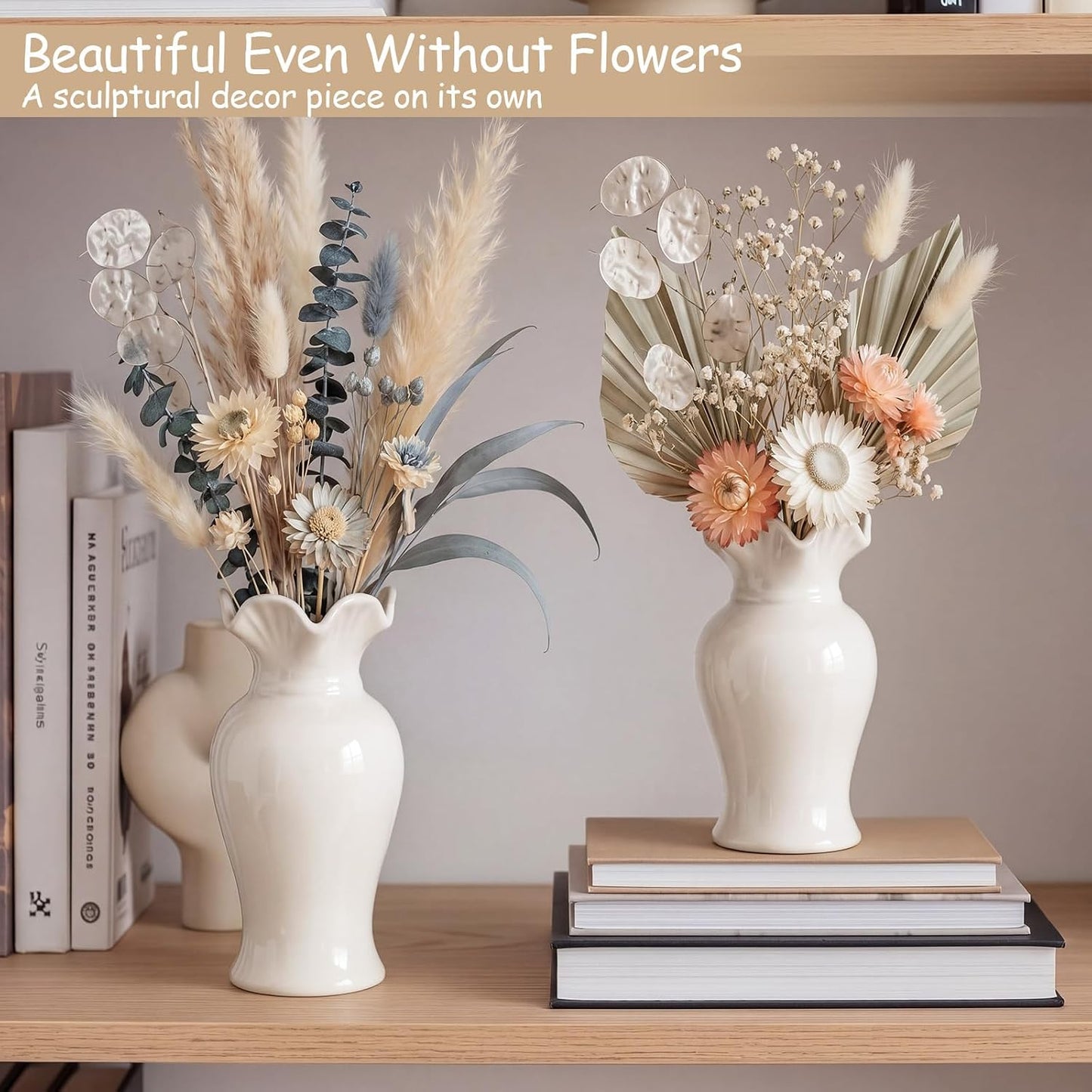 3 Pack White Ceramic Vase Set Small Rustic Decorative Vases Home Decor Wavy Edge Modern Flower Vases for Farmhouse Table Centerpiece Living Room Kitchen Bedroom (5.7,6.7,7.9in,Elegant)