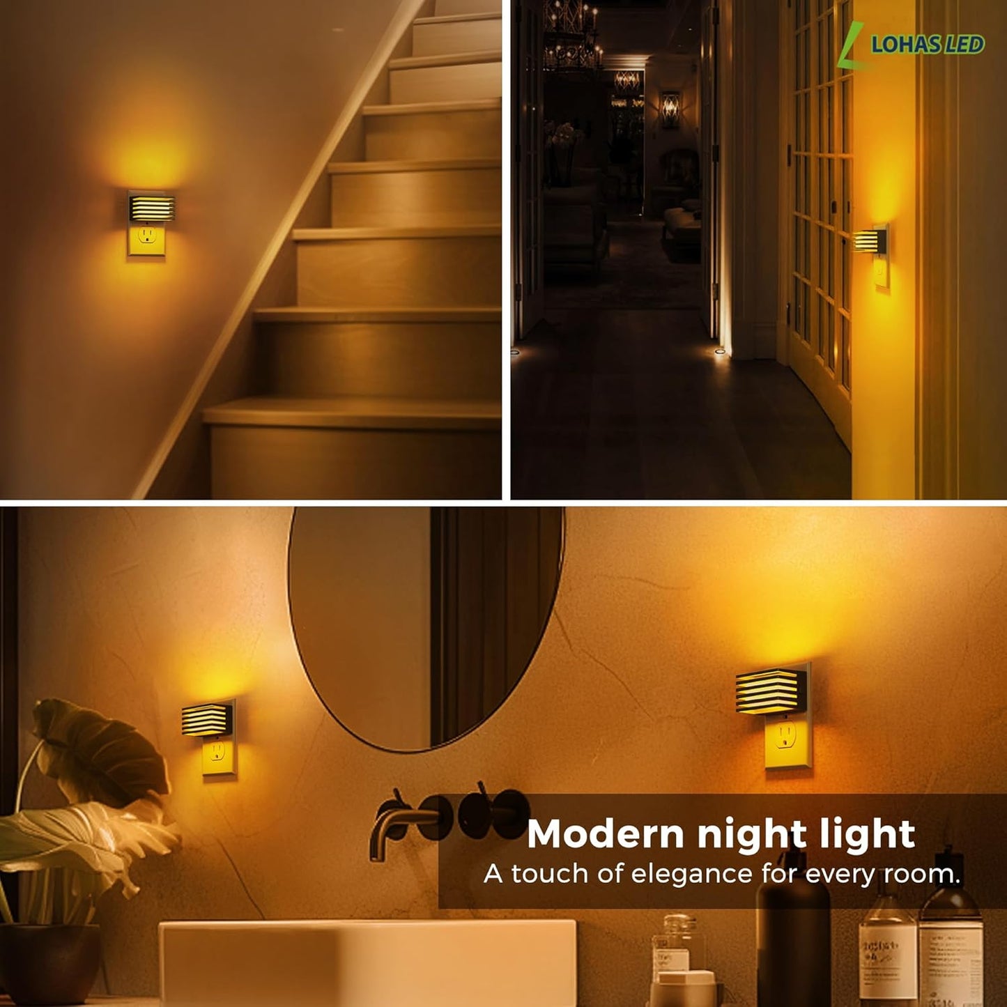 L LOHAS LED Motion Sensor Night Lights, [2 Pack] Dimmable Night Light Plug into Wall with Dusk-to-Dawn Sensor, Adjustable Brightness, 3000K Plug in Nightlight for Bedroom Bathroom Hallway (Black)