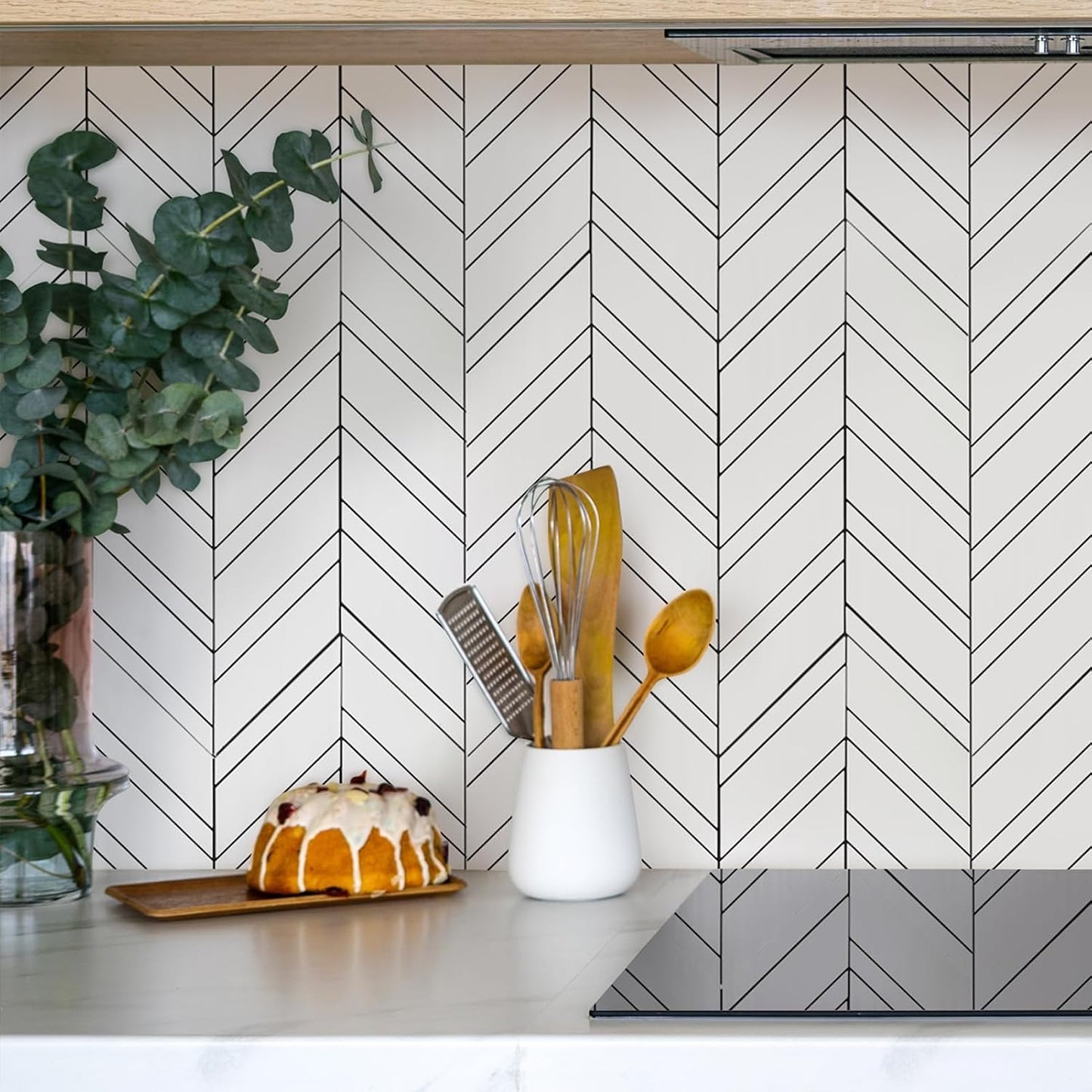 Yipscazo 10-Sheet Herringbone Backsplash Peel and Stick Tile, Polished White PVC Stick on Backsplash for Kitchen, Waterproof Self Adhesive Wall Tile for Bathroom