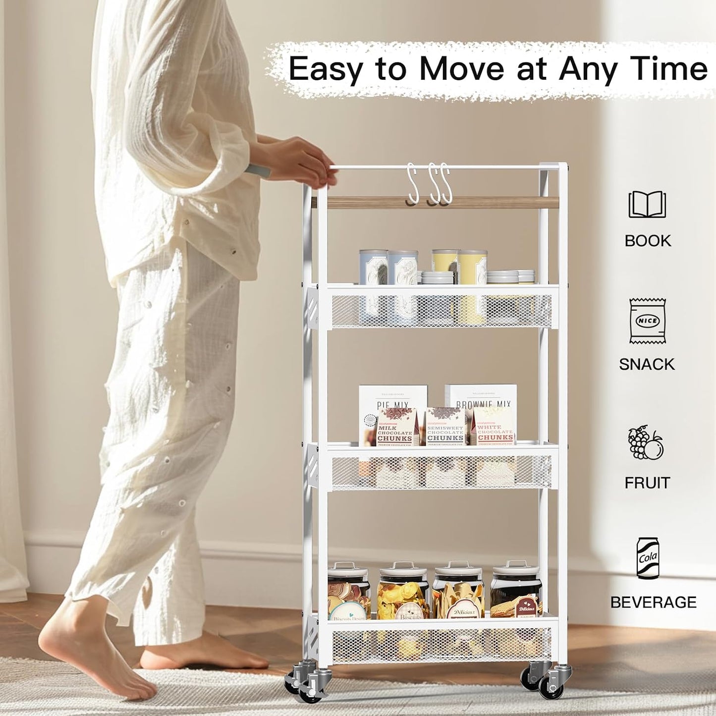 DGSNADGO Slim Rolling Storage Cart, 4-Tier Kitchen Cart on Wheels, Narrow Utility Cart with Handle and Wooden Tabletop for Small Space in Kitchen, Living Room, Bathroom, Laundry Room, Beige and White