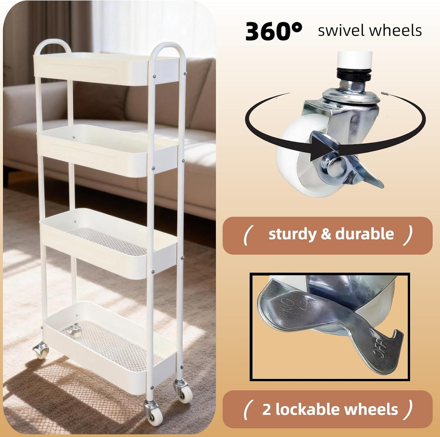 3 Tier Slim Metal Rolling Storage Cart for Laundry Room & Kitchen Organizer, 7.1'' Thin Standing Shelf for Narrow Spaces, Utility Cart with Wheels & Lockable Casters for Bathroom, Black