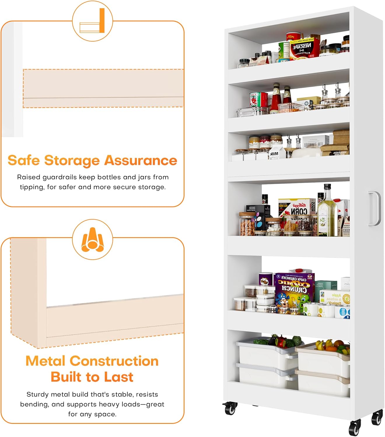 Slim Storage Cart, Lightweight 6 Tier Metal Rolling Utility Kitchen Cart on Wheels, Mobile Storage Shelving Unit Organizer for Bathroom Laundry Office Narrow Places (White, 6" D)