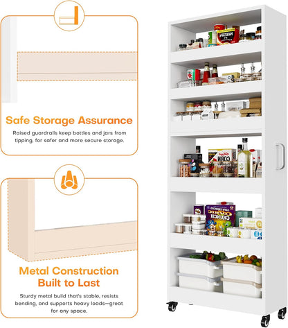 Slim Storage Cart, Lightweight 6 Tier Metal Rolling Utility Kitchen Cart on Wheels, Mobile Storage Shelving Unit Organizer for Bathroom Laundry Office Narrow Places (White, 6" D)