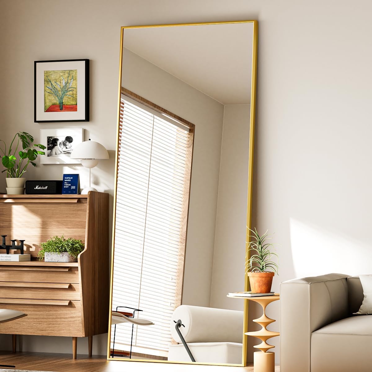 VooBang Mirror Full Length - 21" x 57" Floor Mirror with Stand, Aluminum Alloy Frame Full Body Mirror, Standing Hanging or Leaning Against Wall for Bedroom and Living Room, Black