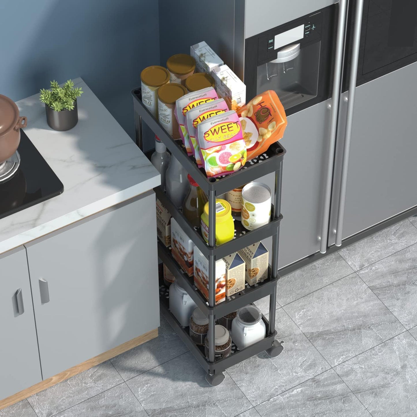Sooyee 3 Tier Rolling Cart with Wheels, Slim Storage Cart, Under Desk Narrow Rolling Utility Cart Storage Organizer for Office Bathroom Kitchen Laundry Room Narrow Places, White, Plastic and Metal