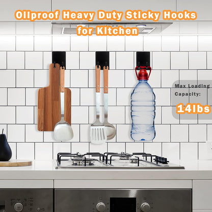 Adhesive Hooks Heavy Duty, Long Stainless Steel Self Adhesive Wall Hook, Sticky Towel Hangers for Kitchen Bathroom, Waterproof Stick on Door Hooks for Hanging Key Hat Coat 4Pack(Black)