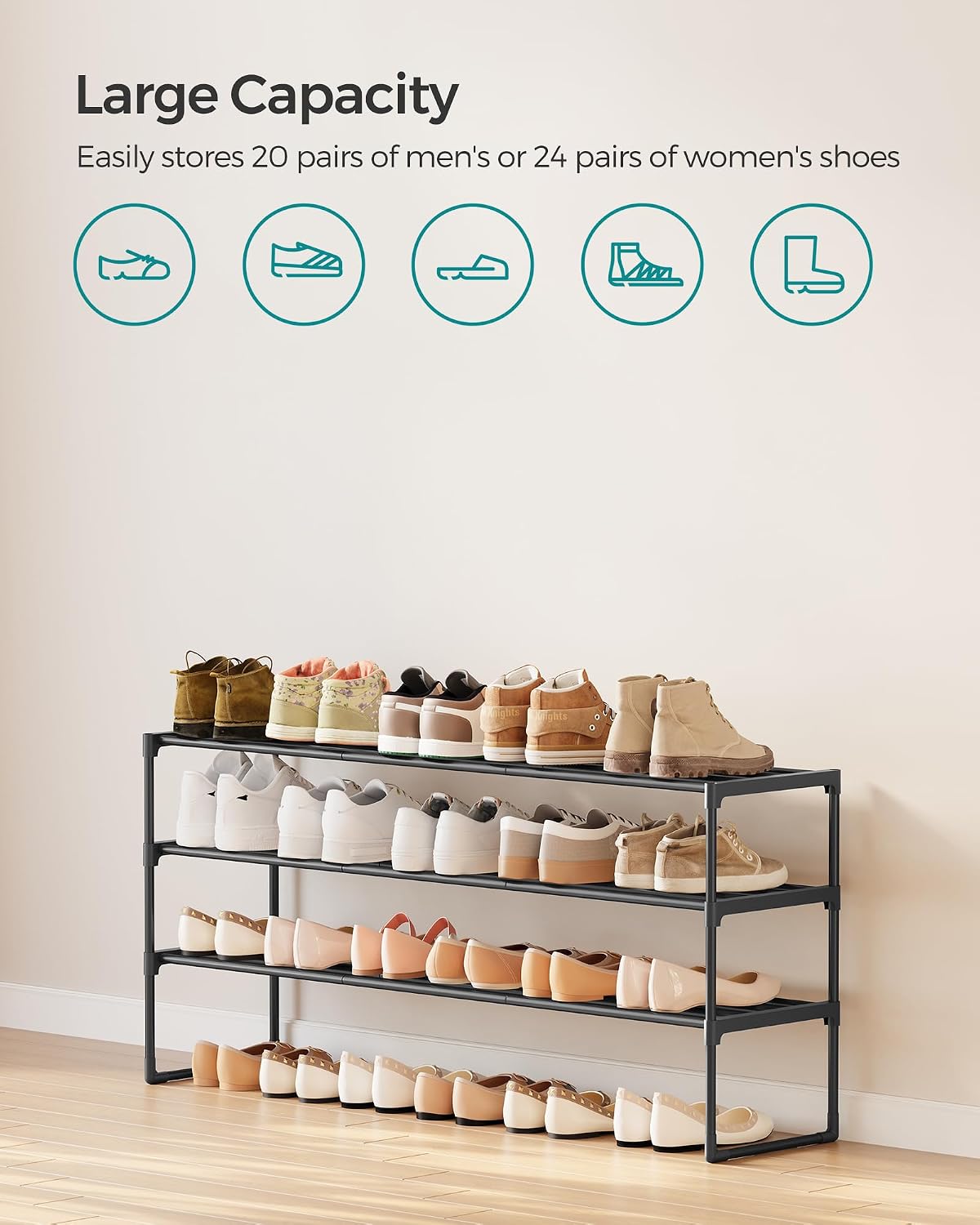 SONGMICS Shoe Rack, 6-Tier Shoe Organizer, Metal Storage Shelf, Upright or Upside Down, for 24-30 Pairs, Stackable, for Entryway, 11.8 x 36.2 x 42.7 Inches, Black ULSA306BH01