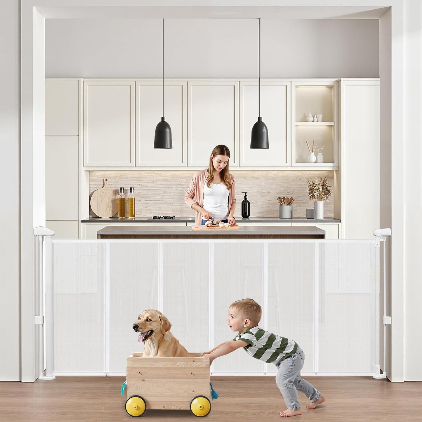 VEVOR Retractable Baby Gate, 34 inch Tall, Extends up to 71 inch Wide, Retractable Gate for Kids or Pets, Mesh Material, Easy to Install for Indoor Stairs, Doorways, Hallways, Playrooms, Gray