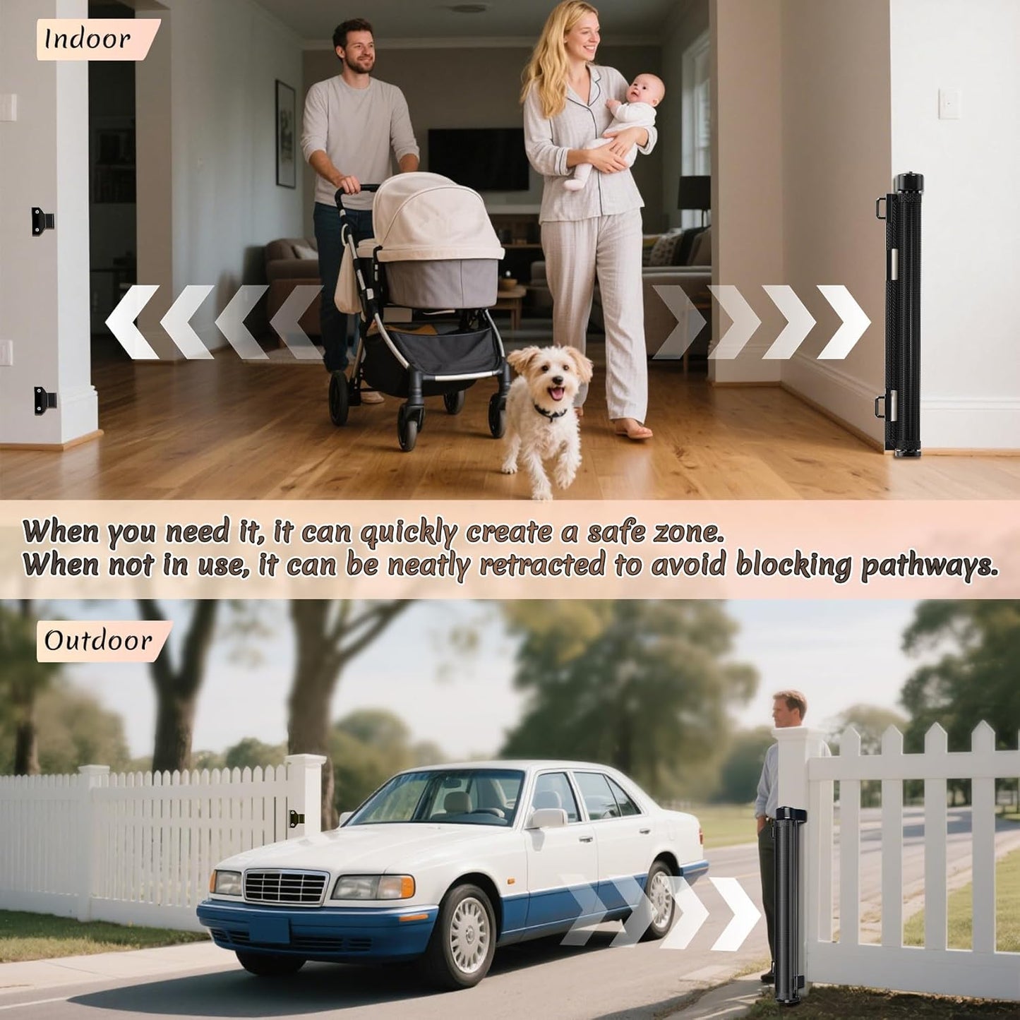 Miumoon 50 inch Retractable Baby Gates 34 inch Tall, Retractable Gate with Reinforced Strip Design to Prevent Crawling Through, Retractable Dog Gate for Stairs, Doorways, Hallways