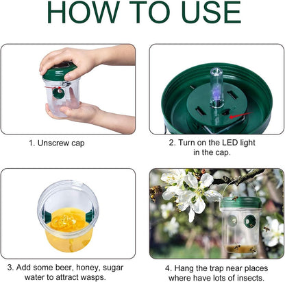 2 Pack Solar Wasp Traps Outdoor Hanging Yellow Jacket Traps Reusable Hornet Traps Carpenter Bee Traps for Outsides Bee Catcher Wasp Killer with Led Light