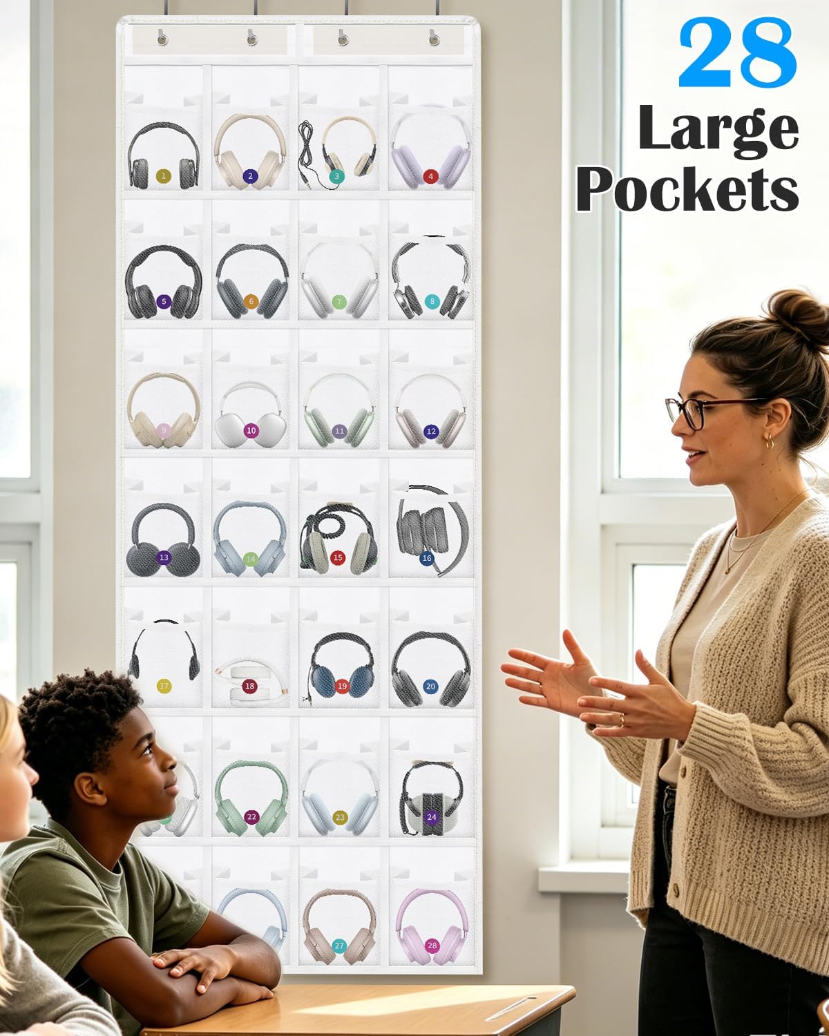 Classroom Headphone Storage Organizer with 28 Large Pockets and 100 Labels | Fabric Durable Classroom Pocket Chart Over The Door Hanging Headphone Holder Bag School Supplies Teacher Essentials, Grey