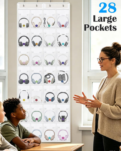 Classroom Headphone Storage Organizer with 28 Large Pockets and 100 Labels | Fabric Durable Classroom Pocket Chart Over The Door Hanging Headphone Holder Bag School Supplies Teacher Essentials, Grey