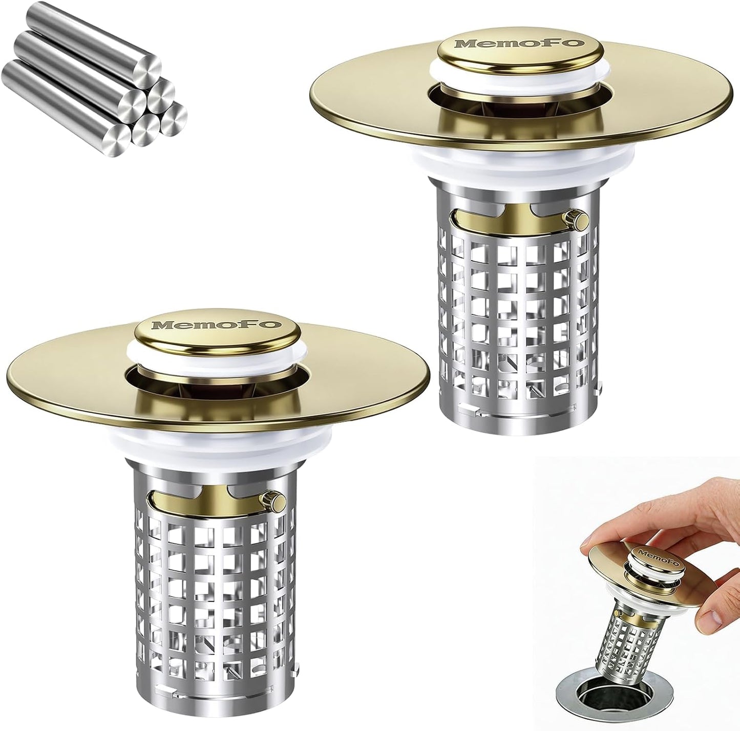 Bathroom Sink Drain Strainer(2PCS), Stainless Steel Pop-up Strainer Basket Hair Catcher with Removable Basket, Brass Bullet Core, Universal Fit 1.1-2.36 Inch