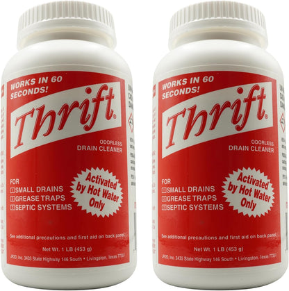 Thrift T-100 Odorless Drain Cleaner – Hot Water Activated Drain Cleaner for Small Drains, Grease Traps, Septic Systems & Sewer Lines – 1 Pound Bottle (Pack of 2)