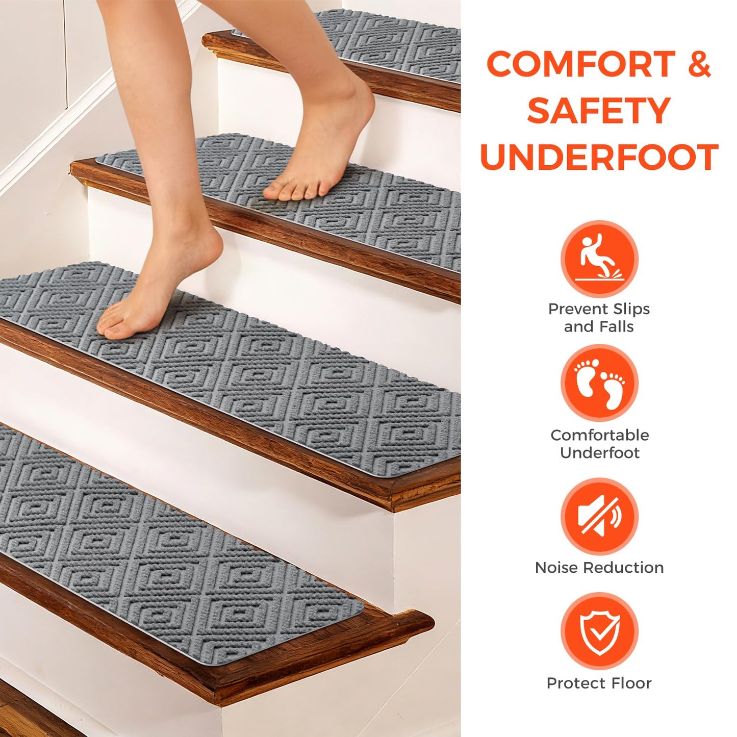 BAGAIL 15 Pack Non-Slip Stair Treads for Wooden Steps, 8"x30" Peel and Stick Carpet Stair Runners, Machine Washable Indoor Step Covers with No-Residue Adhesive for Dogs, Kids & Elderly - Bluish Grey