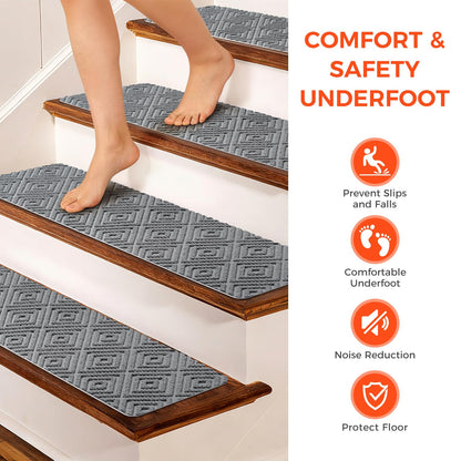 BAGAIL 15 Pack Non-Slip Stair Treads for Wooden Steps, 8"x30" Peel and Stick Carpet Stair Runners, Machine Washable Indoor Step Covers with No-Residue Adhesive for Dogs, Kids & Elderly - Bluish Grey