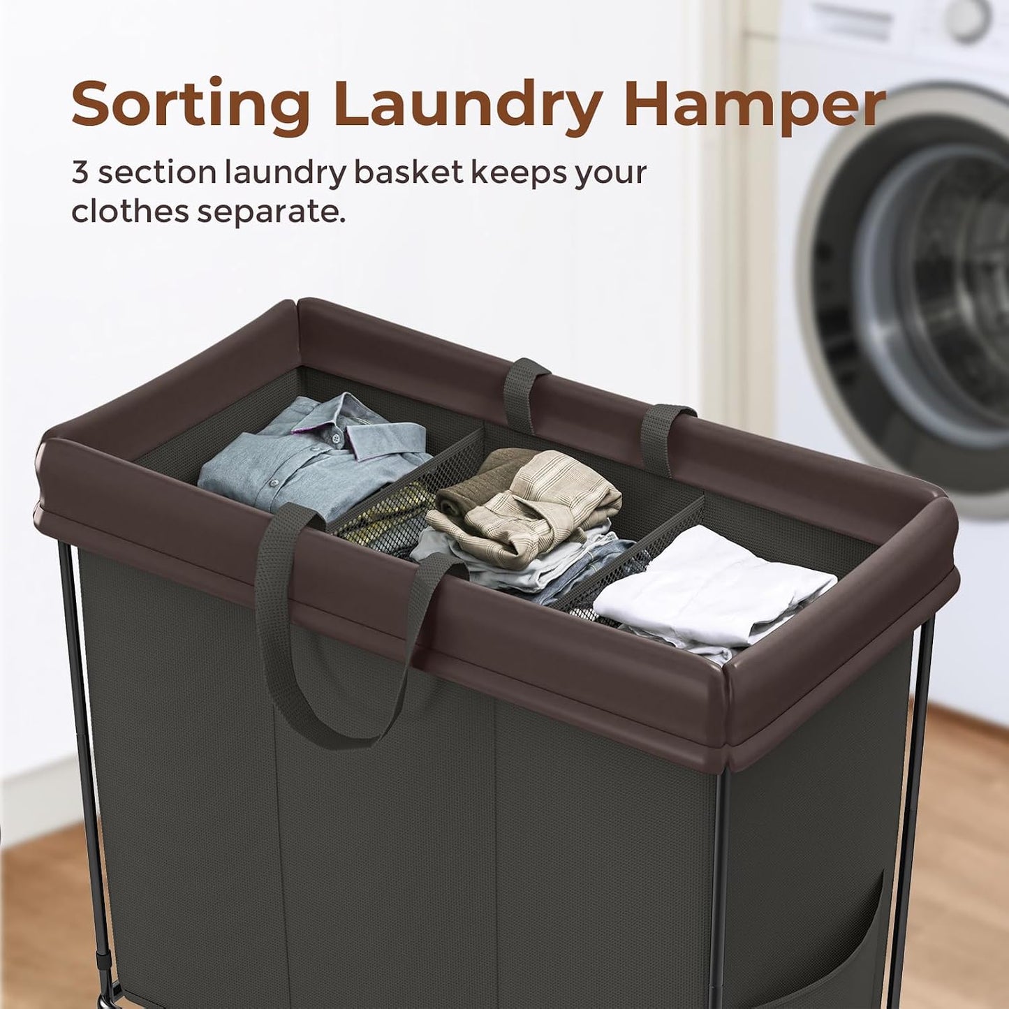 Mefirt 320L Laundry Hamper with Wheels, 3 Section Large Rolling Laundry Basket Bag with Wheels, Clothes Hamper Cart for Laundry, Bedroom, Bathroom and Dorm