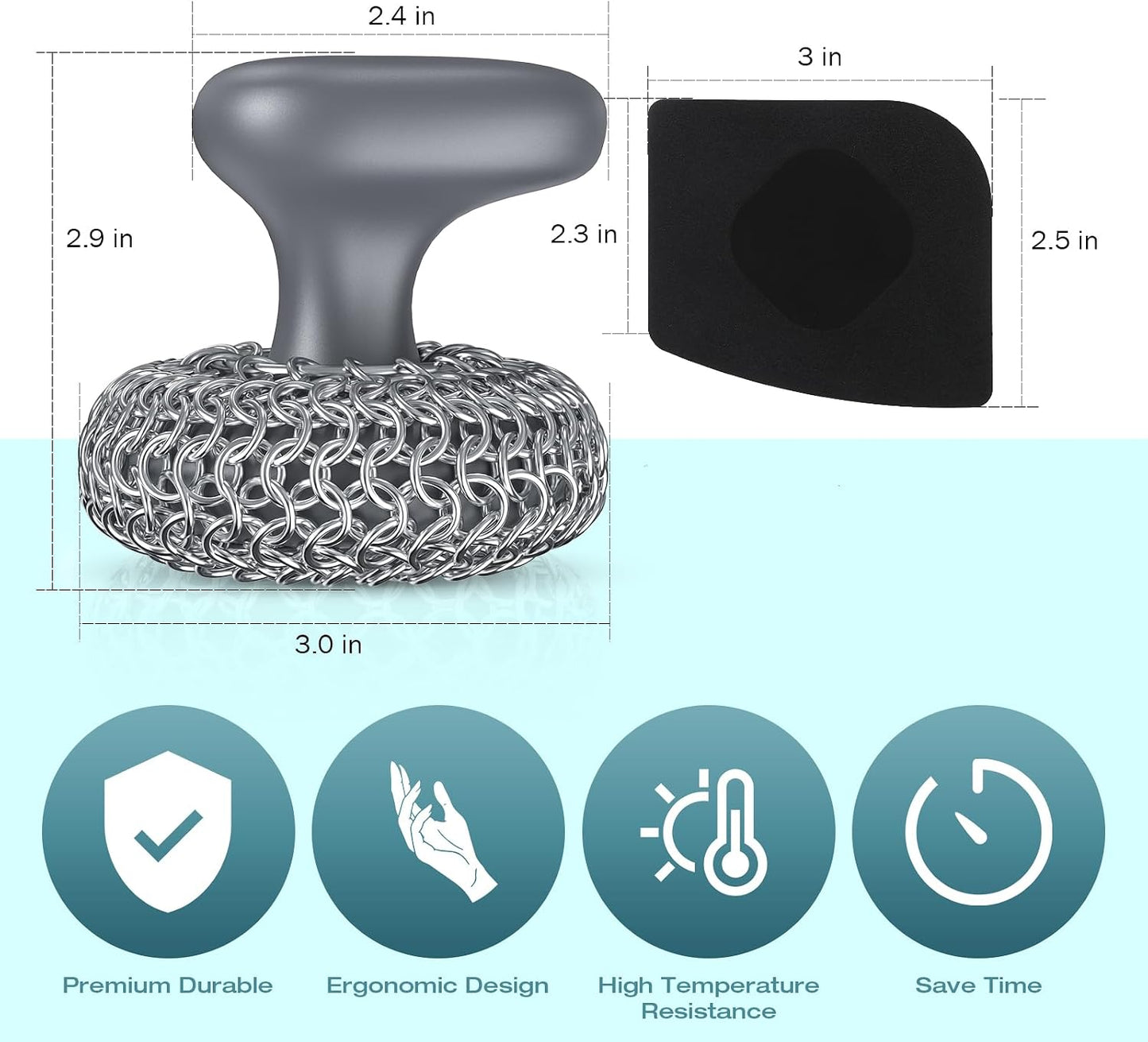 Cast Iron Scrubber | Dish Scrub Brush | 316 Cleaner Chainmail Scrubber for Cast Iron Pan Skillet Cleaner - Dish Scouring Pad Dishwasher Safe Cleaning Kit, Black 02