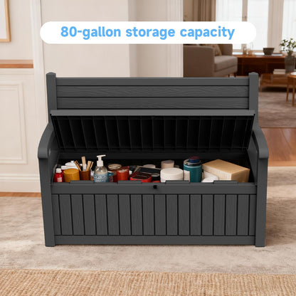 80 Gallon Outdoor Storage Bench, Heavy Duty Deck Box with Stripe Texture, Waterproof Resin Patio Seating for Cushions & Garden Tools, Lockable, 2-Person Capacity, 51"x 24"x 35", Black