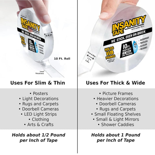 Insanity Thin Double Sided Tape Heavy Duty, Removable Nano Mounting Tape Safe for Walls & Floors, Traceless Adhesive Strip, Weatherproof, Strong Hold for Hanging Pictures, Posters & Doorbell Cameras
