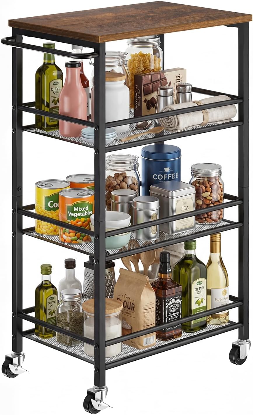 Pipishell Slim Storage Cart with Wheels - 4 Tier Rolling Kitchen Storage Cart with Handle and Wood Top, Metal Slim Bathroom Cart for Laundry Room, Bathroom, Kitchen, Narrow Space, Black & Rustic Brown