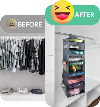 5-Shelf Weekly Clothes Organizer for Kids Days of The Week Hanging Storage Shelves Dorm Room Essential Daily Shelf Hanging Closet Organizer with 6 Side Pockets…