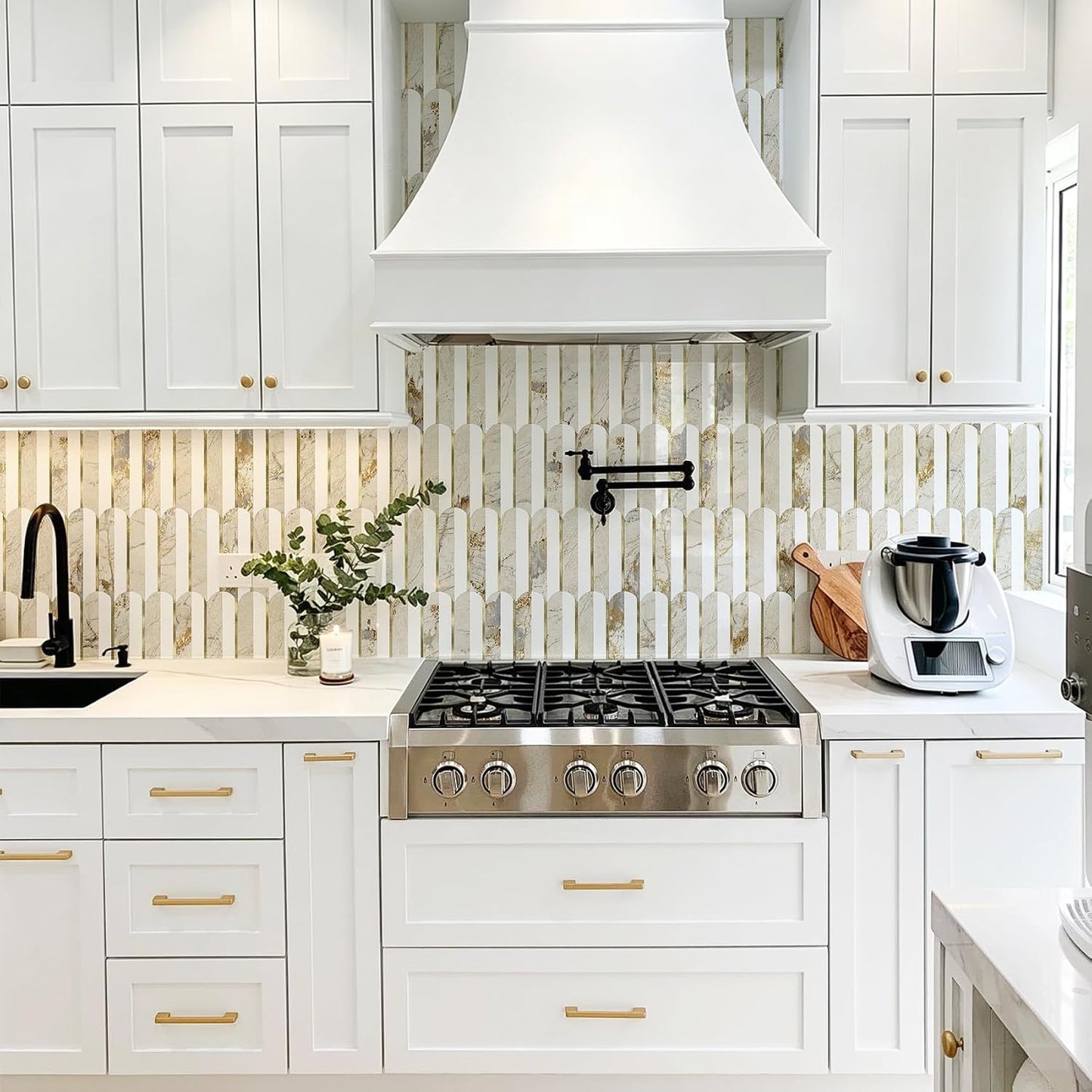 Vamos Peel and Stick Backsplash Seamless Tile for Kitchen and Bathroom,White and Beige Slate PVC Mixed Light Gold Self Adhesive Fish Scale Metal Mosaic Tiles (10 Sheets)