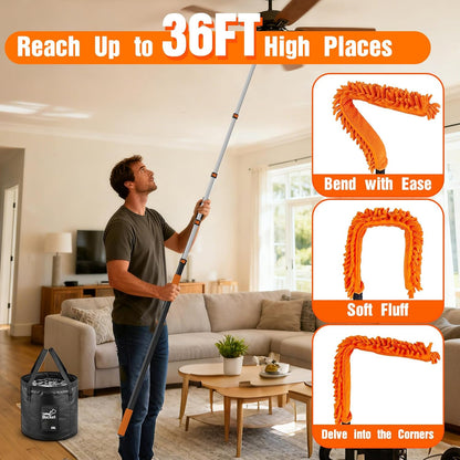 SISUPASSIE 20FT Reach High Ceiling Duster Kit, Window Cleaning kit with 3-12FT Extension Pole, Fan Duster for Ceiling Fan Blades, Microfiber Feather Duster, Window Squeegee, Bucket and Cobweb Duster