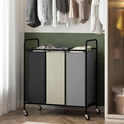 3 Section 3x40L Laundry Sorter Cart, Heavy Duty Laundry Basket with Lockable Wheels, 120L Large Rolling Laundry Hamper with Removable Bags for Dirty Clothes Storage
