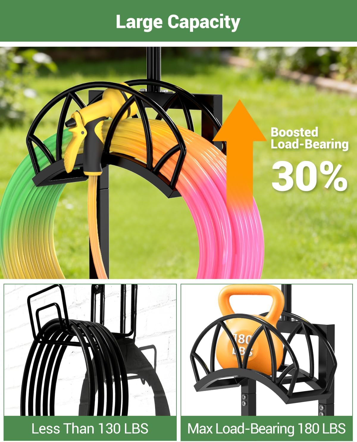 HZE Garden Hose Holder, Freestanding Water Hose Reel Stand for Outside, Heavy Duty Detachable Metal Storage Rack Holds 160 FT for Yard Lawn Farm, Black
