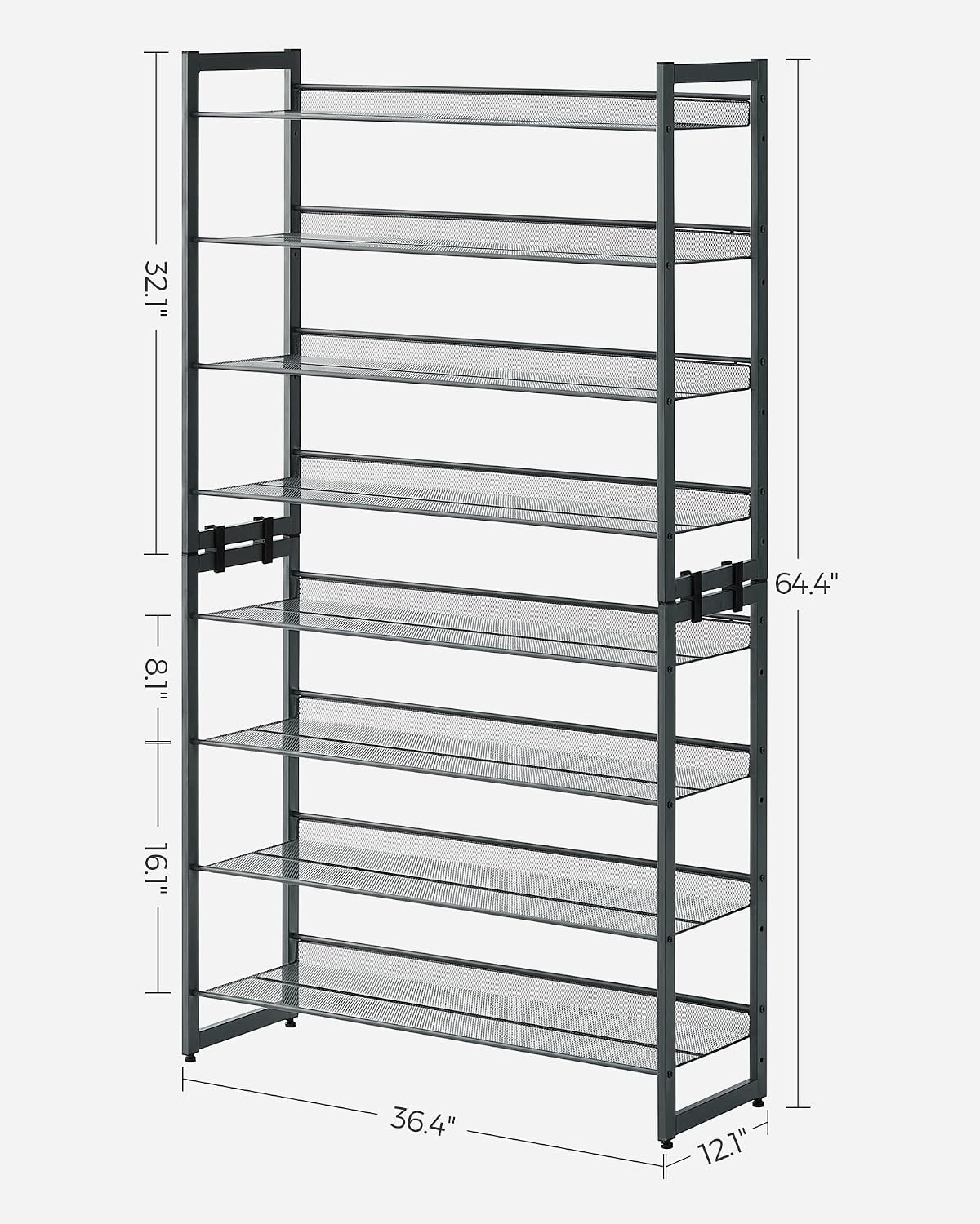 SONGMICS Shoe Rack, 12-Tier Shoe Organizer, Metal Shoe Storage for Garage, Entryway, Set of 2 6-Tier Stackable Shoe Shelf, with Adjustable Flat or Angled Shelves, Holds 48-60 Pairs, Black ULMR12B