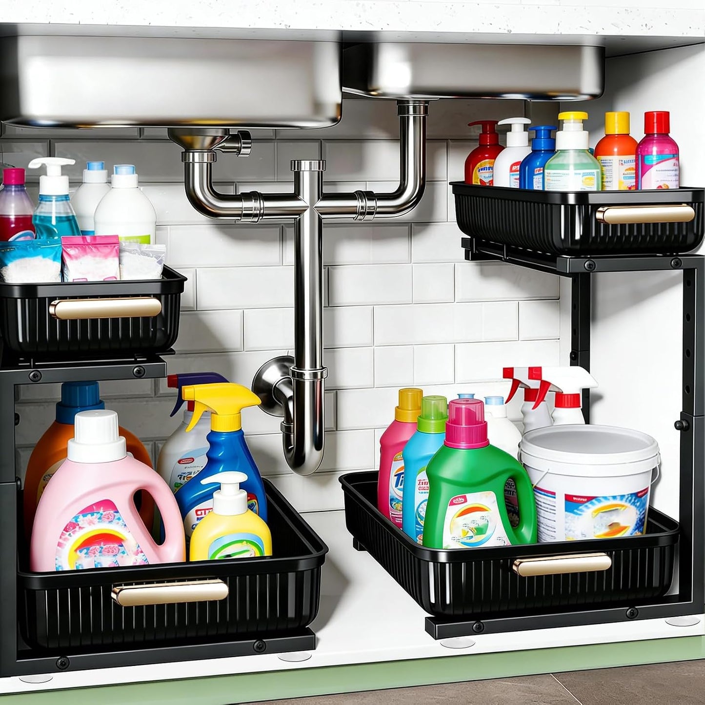 ARSTPEOE 2 Pack Double Sliding Under Sink Organizers and Storage,Two Tier Bathroom Storage and organization,Under Cabinet Organizer, Clear