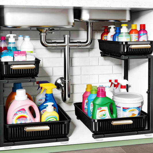 ARSTPEOE 2 Pack Double Sliding Under Sink Organizers and Storage,Two Tier Bathroom Storage and organization,Under Cabinet Organizer, Clear