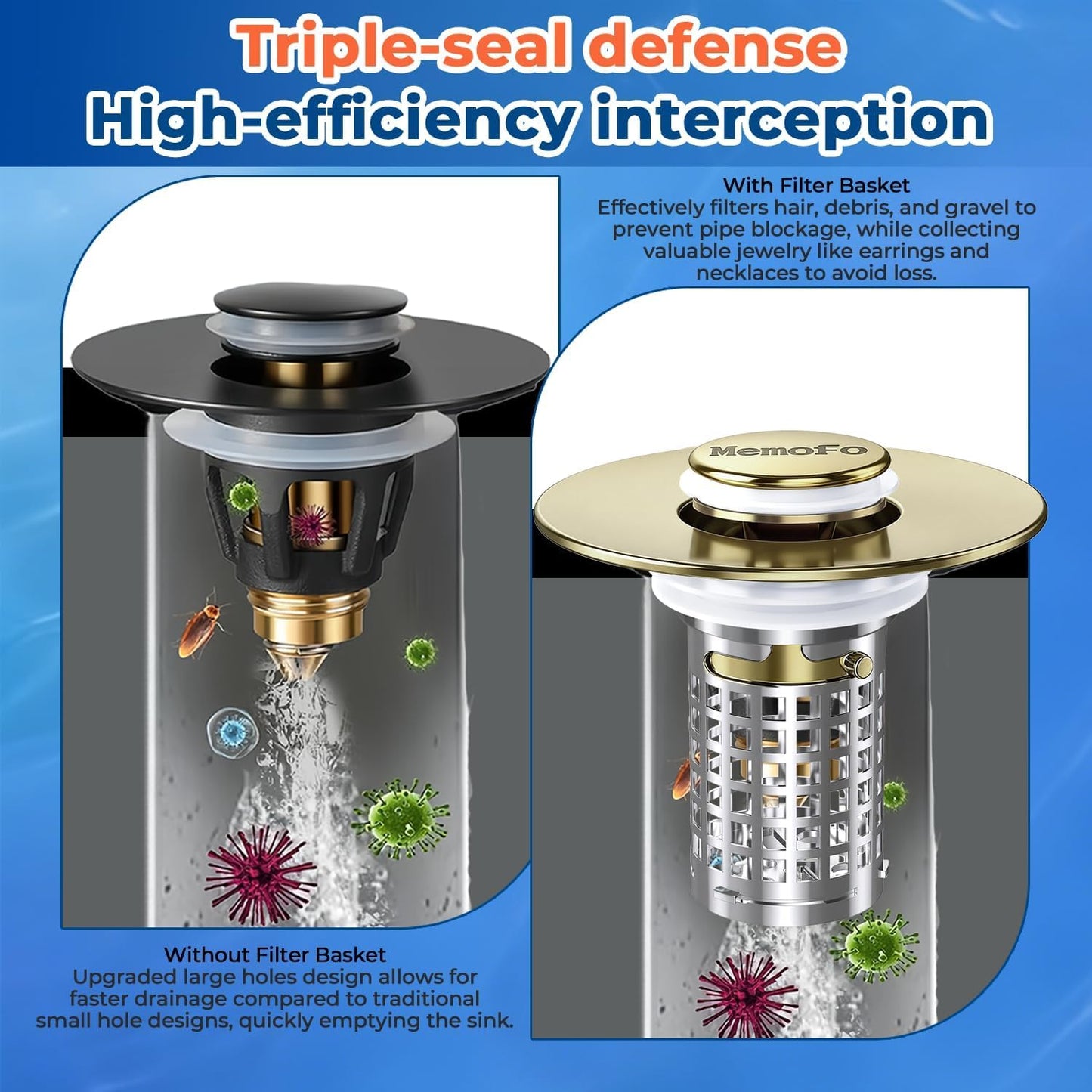 Bathroom Sink Drain Strainer(2PCS), Stainless Steel Pop-up Strainer Basket Hair Catcher with Removable Basket, Brass Bullet Core, Universal Fit 1.1-2.36 Inch