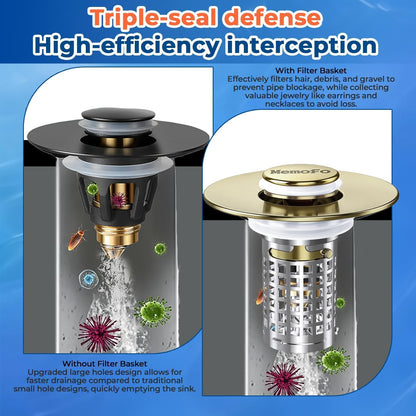 Bathroom Sink Drain Strainer(2PCS), Stainless Steel Pop-up Strainer Basket Hair Catcher with Removable Basket, Brass Bullet Core, Universal Fit 1.1-2.36 Inch