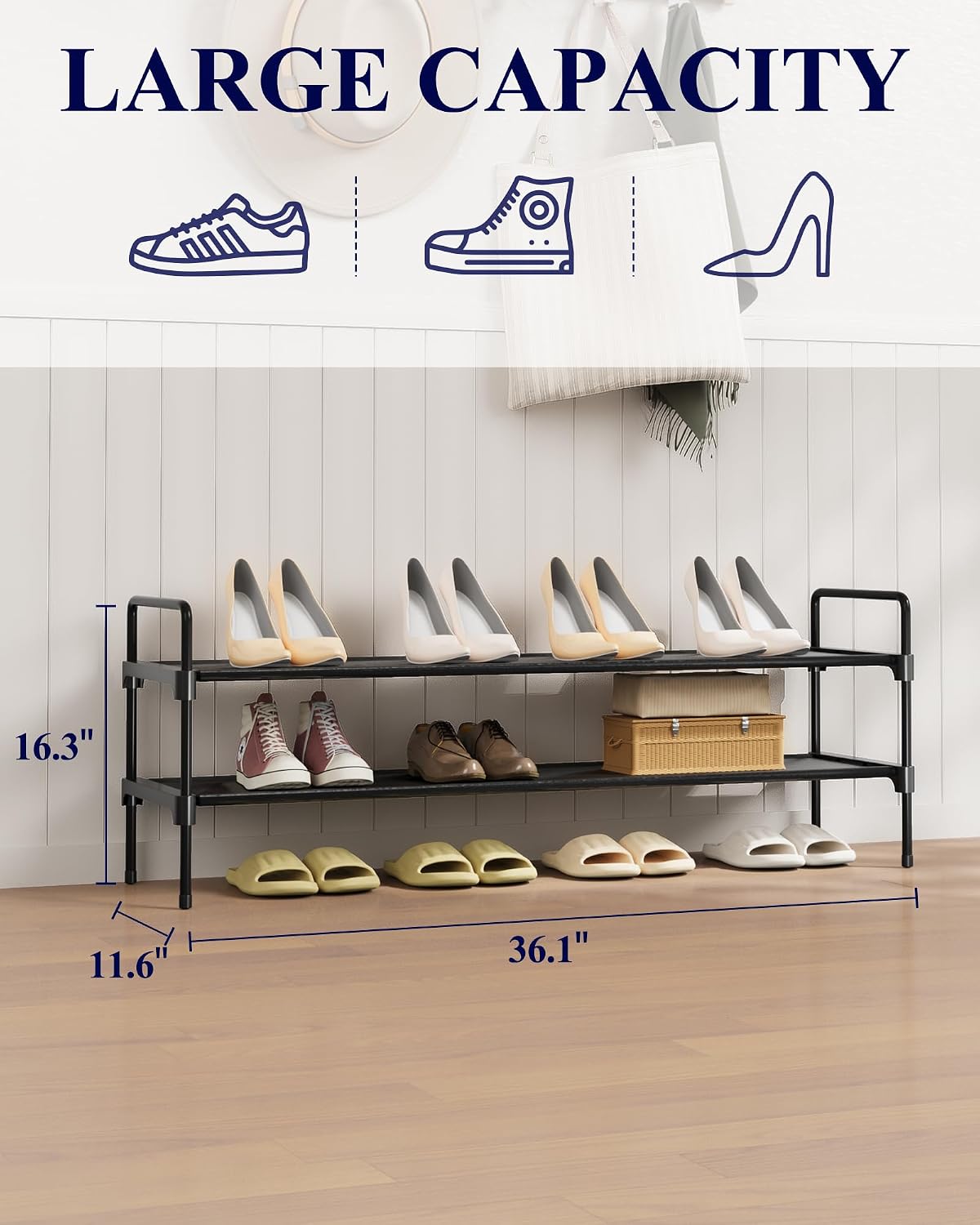 Kitsure Shoe Rack, 39" Wide Extra-Long Shoe Organizer, 3-Tier, Black | Closet, Front Door Entrance, Entryway, Stackable & Detachable Shelf, Closet Organizers and Storage