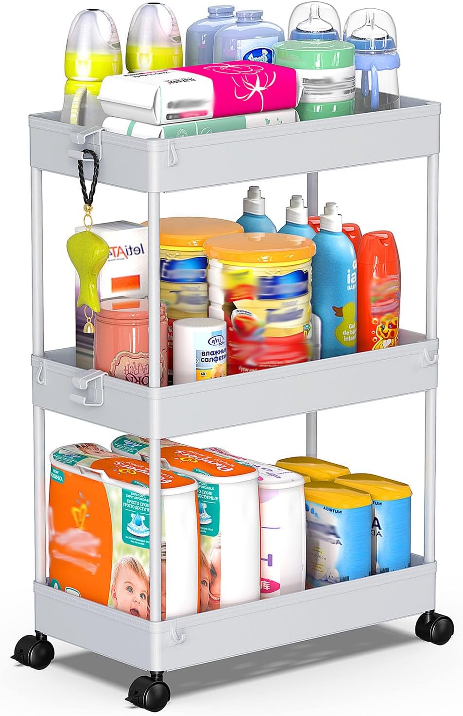 SPACEKEEPER 5-Tier Rolling Cart, Bathroom Storage Organizer Utility Cart, Mobile Shelving Unit Slide Out Shelves for Kitchen Living Room Laundry Room & Dressers, Black