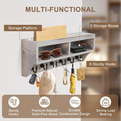 Key Holder Wall Mount - Mail Organizer Wall Mount with 6 Key Hooks and Storage Box for Sunglasses Storage and Dog Leash Holder Home Decor Rack Apartment Farmhouse Shelf Entryway Organizer (Black)