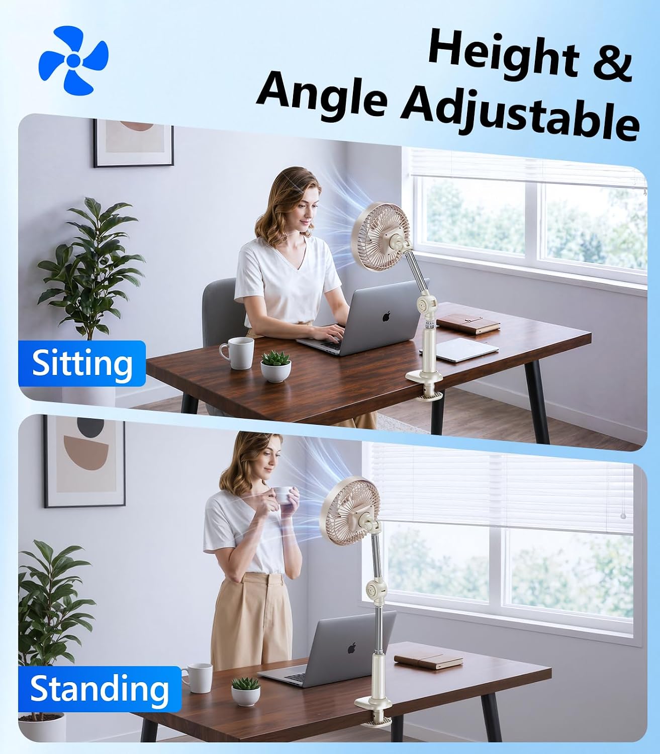 Adjustable Arm Clip on Fan for Desk,3 Speed Ultra Flexible Adjustable Design Clip Fan with 3.5”Wide Clamp,3000mAh Battery Operated Quiet Personal Cooling for Office Bedroom Gaming Dorm （Brown）