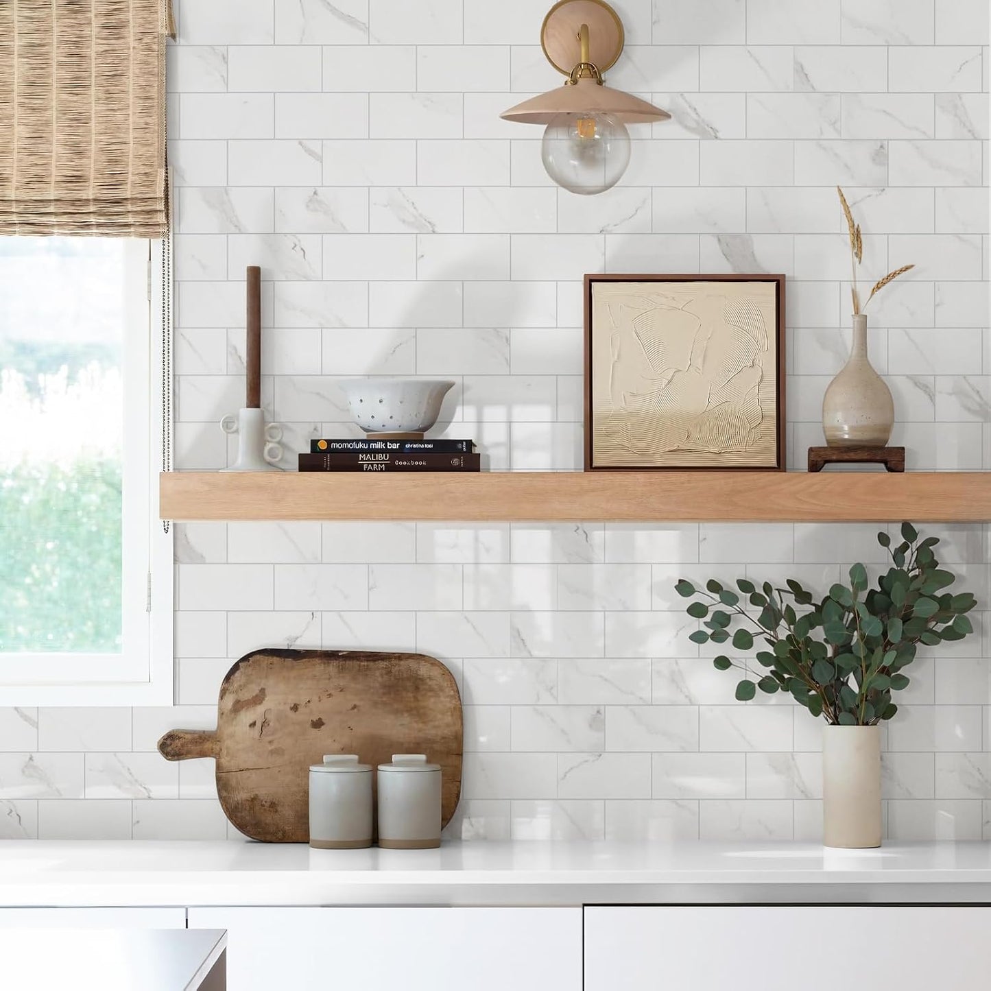 Vamos Tile 100-Piece Glossy Dolomite White Peel and Stick Backsplash Tile,3''x6'' PVC Subway Tile with White Grout, Stick on Backsplash for Kitchen/Bathroom/Fireplace
