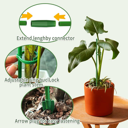 Plant Stakes, 20 Pcs Plant Sticks Stakes Support, Garden Stake Pole with Clips, Adjustable Plant Support with 20 Rings and 10 Connectors for Indoor and Outdoor Plants